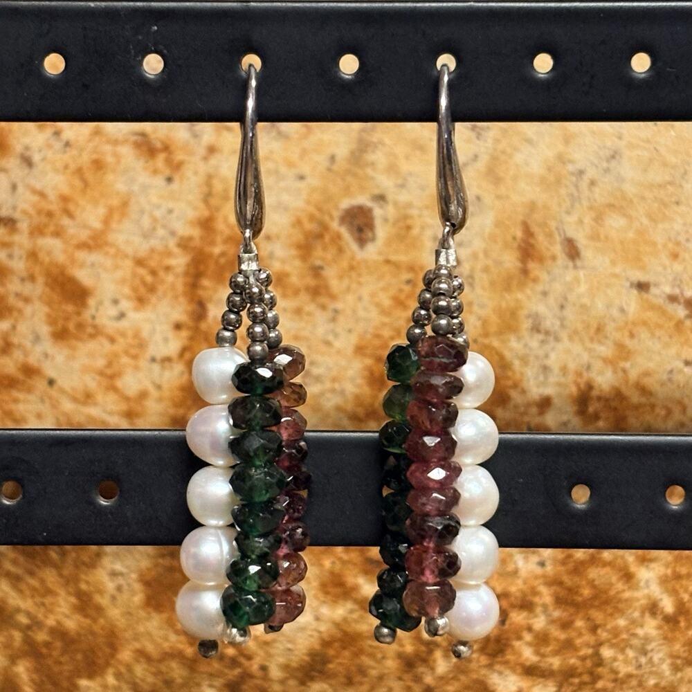 Sterling Silver Freshwater Pearl & Tourmaline Earrings Dangle Fishhooks Vintage